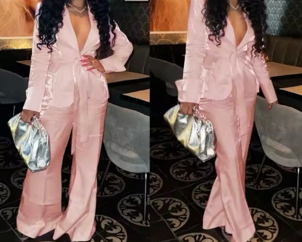 Women Sexy Pink Satin Full Sleeve Two Piece Pant Set
