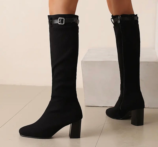 Women Fashion Color Buckled Zip Up Knee High Boots