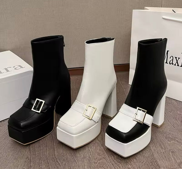 Women Color Fashion Square Toe Platform Buckled Ankle Boots