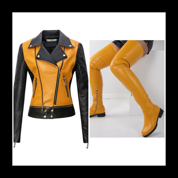 Women Fashion Color Patchwork Faux Leather Jacket