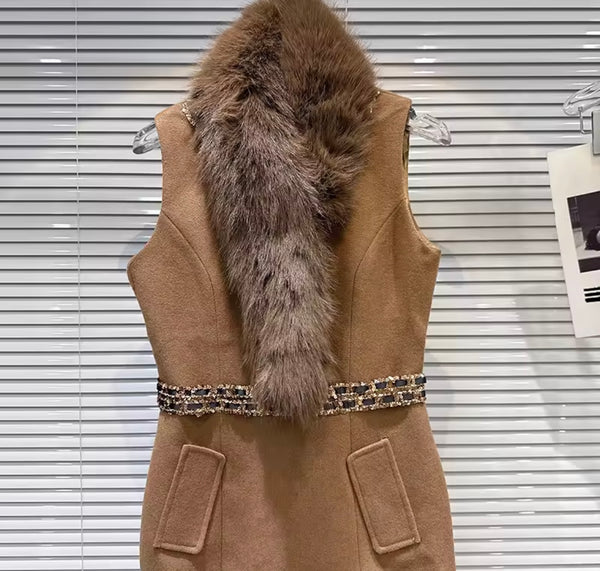 Women Sleeveless Bling Fur Collar Fashion Dress