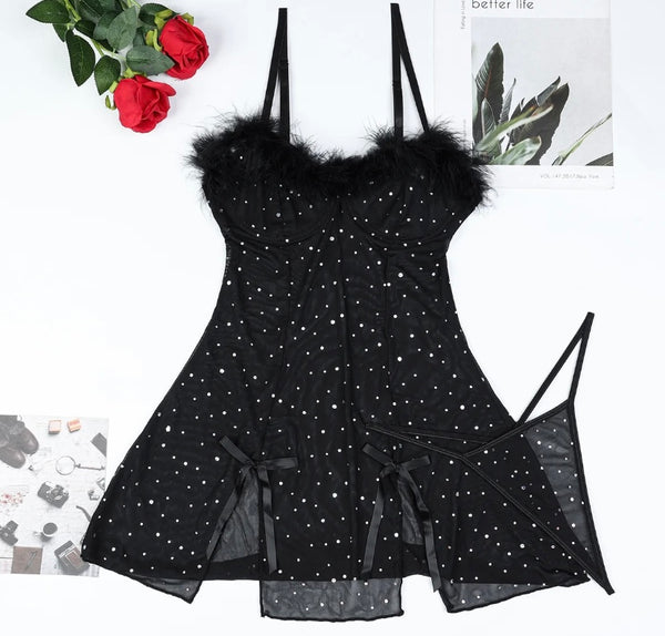 Women Black Bling Mesh Sexy Sleeveless Nightgown Lingerie Set