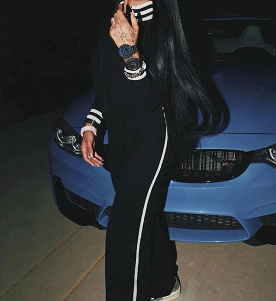 Women Black Striped Fashion Two Piece Tracksuit Pant Set