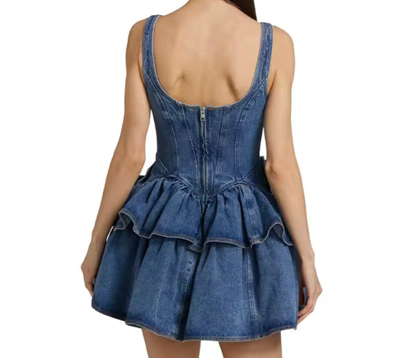 Women Sleeveless Floral Ruffled Fashion Denim Dress