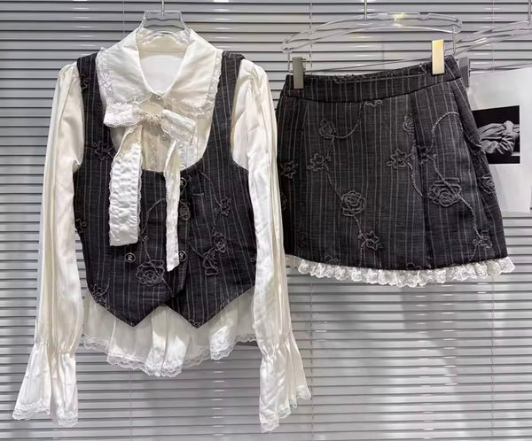 Women Ruffled Full Sleeve Gray Pinstripes Two Piece Skirt Set