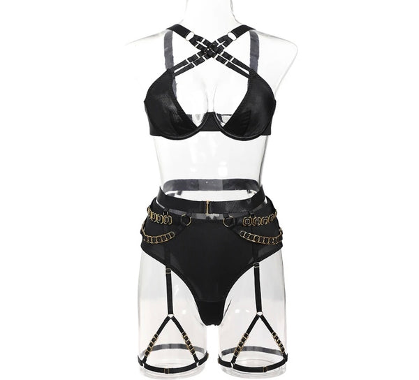 Women Black Sexy Criss Cross Halter Lingerie Set