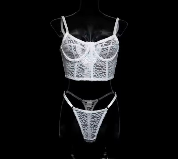 Women Sexy White Lace Mesh Lingerie Set