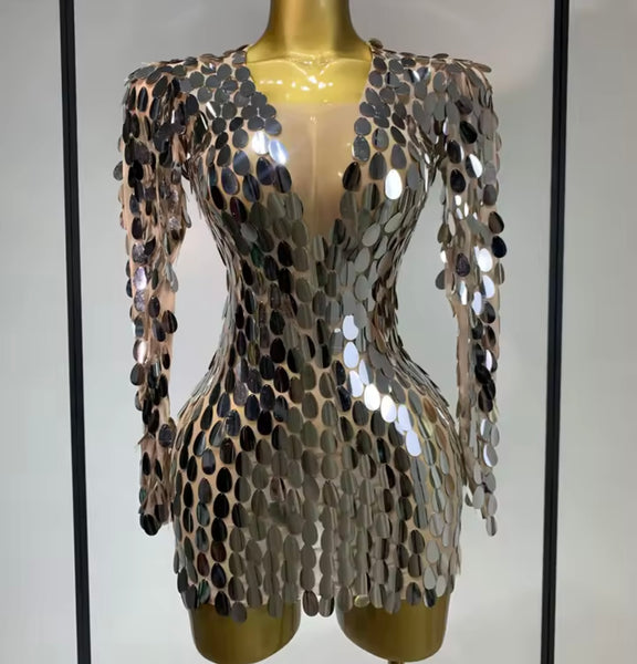 Women Sexy Silver Mirror Full Sleeve Dress