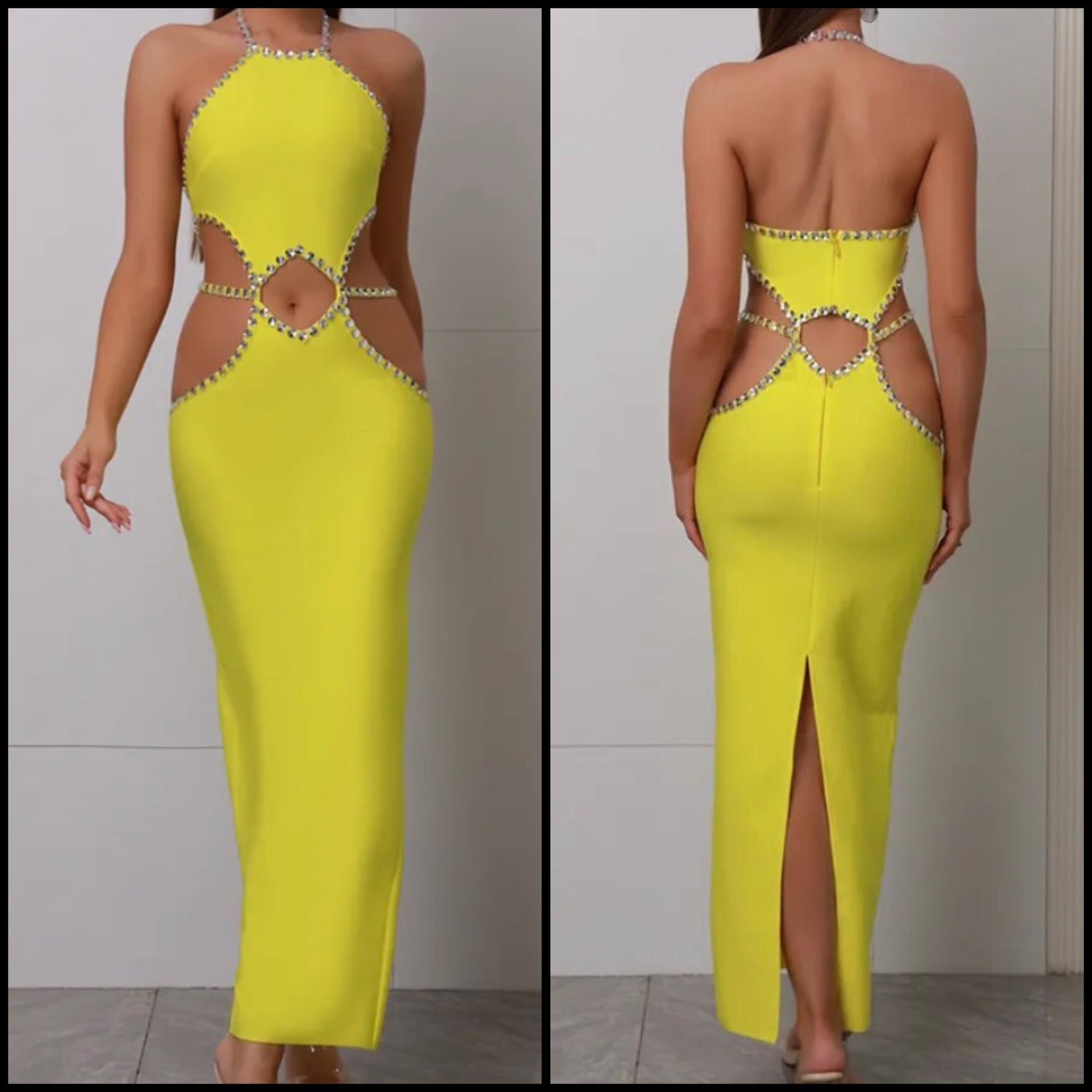 Women Yellow Rhinestone Sexy Halter Sleeveless Maxi Dress