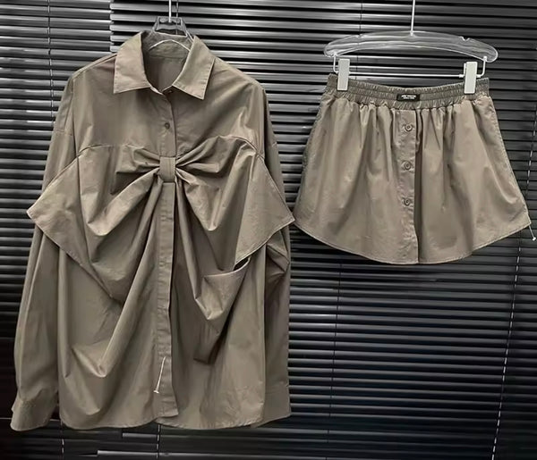 Women Fashion Bow Button Up Tie Full Sleeve Two Piece Skirt Set