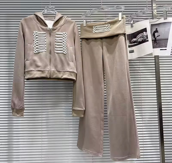 Women Embroidered Hooded Full Sleeve Two Piece Tracksuit Pant Set