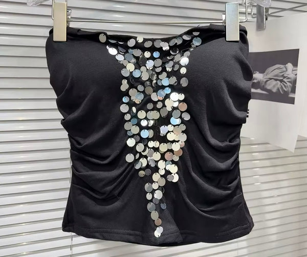 Women Sexy Strapless Sequins Patchwork Two Piece Skirt Set