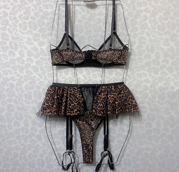 Women Sexy Ruffled Mesh Leopard Print Lingerie Set