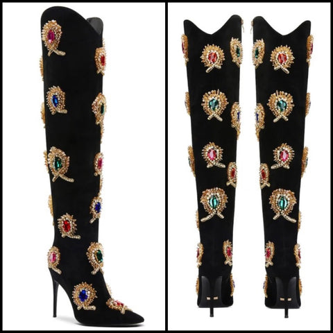 Women Fashion Suede Colorful Gem Knee High Boots