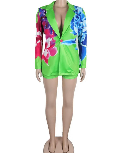 Women Sexy Fashion Printed Full Sleeve Blazer Two Piece Short Set