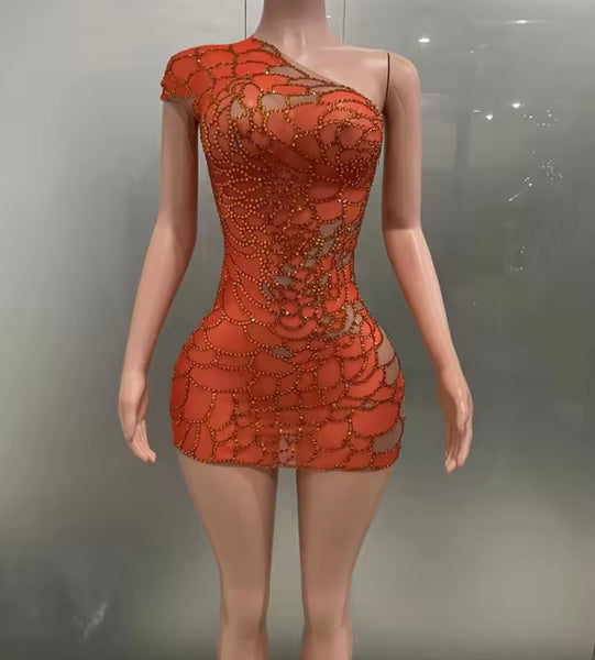 Women Orange One Shoulder Rhinestone Sexy Mesh Dress