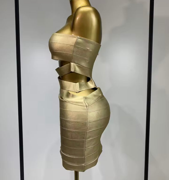 Women Gold Sexy Strapless Faux Leather Cut Out Bandage Dress