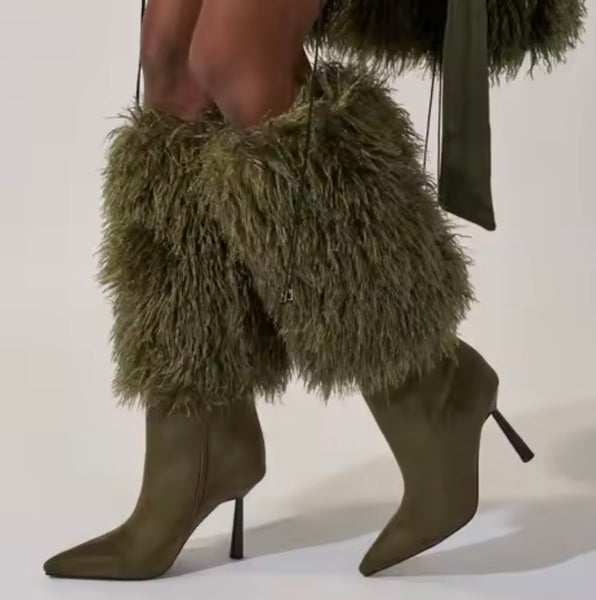 Women Fashion Green Faux Fur Suede Knee High Boots