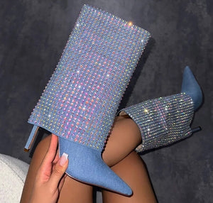 Women Pointed Toe Bling Denim Fashion Boots
