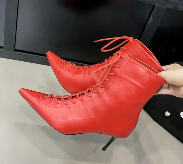 Women Fashion Pointed Toe Lace Up Ankle Boots