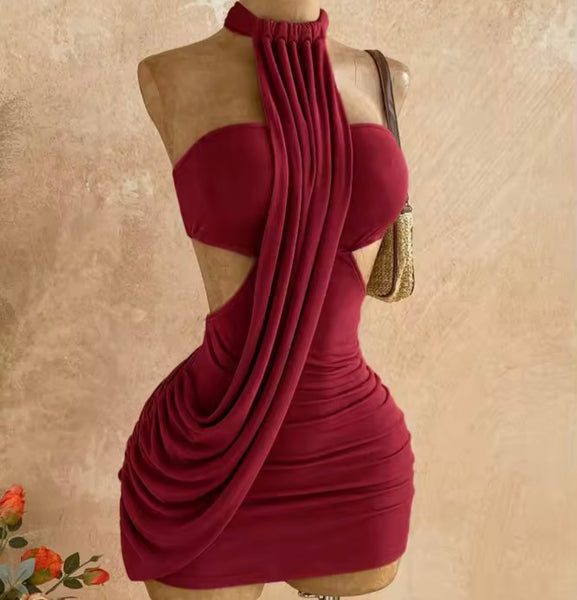 Women Sexy Halter Sleeveless Ruched Short Dress