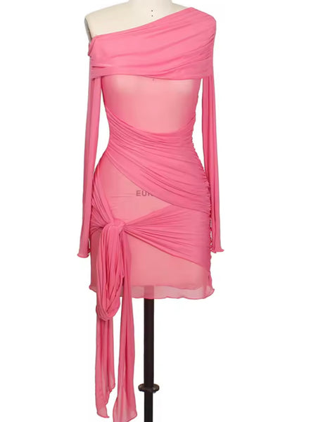 Women Sexy Full Sleeve Mesh Tie Up Tassel Ruched Dress