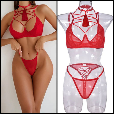 Women Red Sexy Choker Mesh Lingerie Set