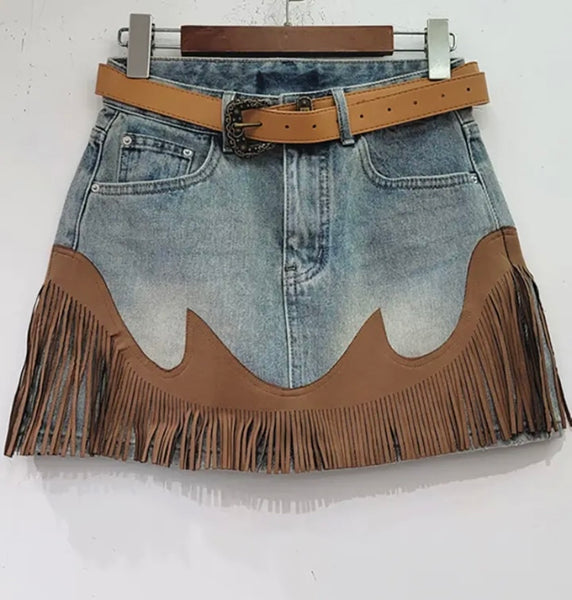 Women Fashion Denim Suede Tassel Skirt