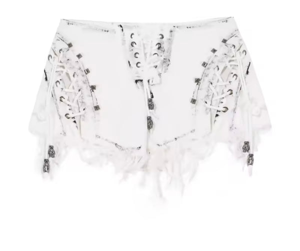 Women Fashion Rivet Tie Up Ripped Denim Shorts