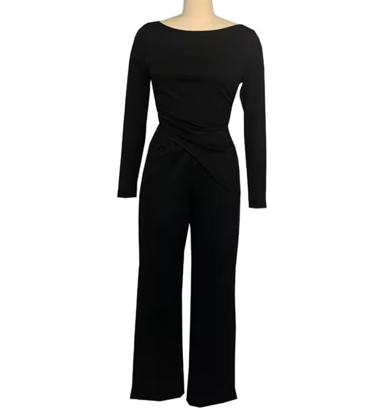 Women Solid Color Asymmetrical Full Sleeve Two Piece Pant Set