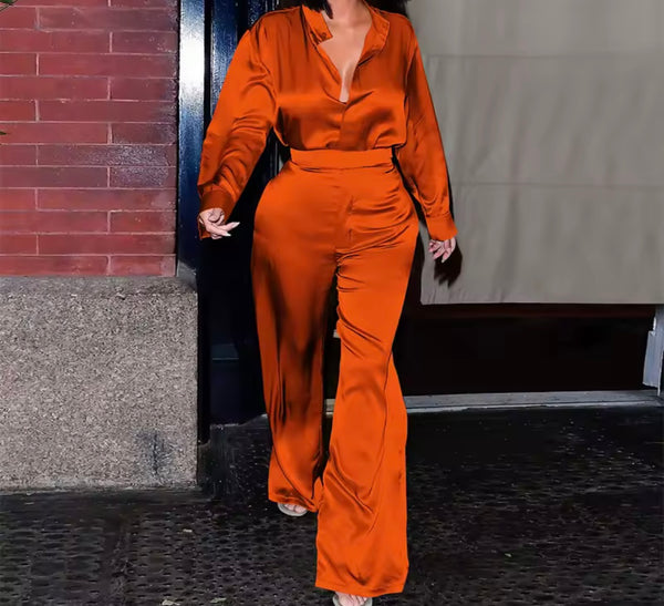 Women Color Satin Full Sleeve Two Piece Fashion Pant Set