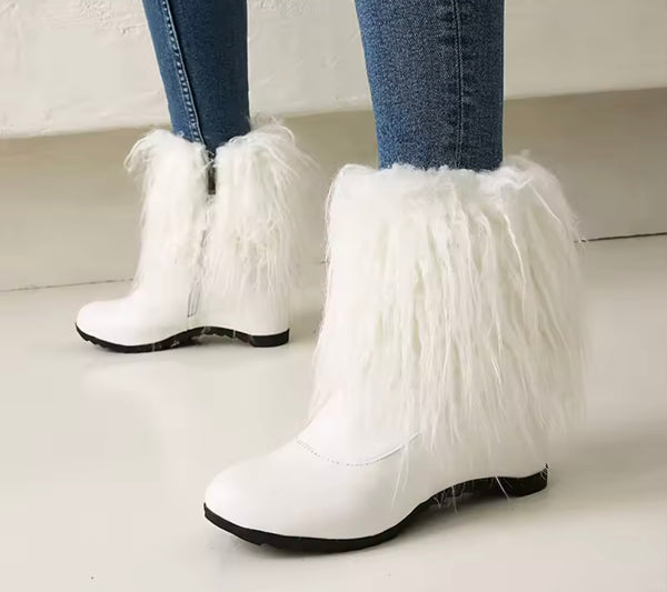 Women Color Fashion Furry Platform Zip Up Ankle Boots