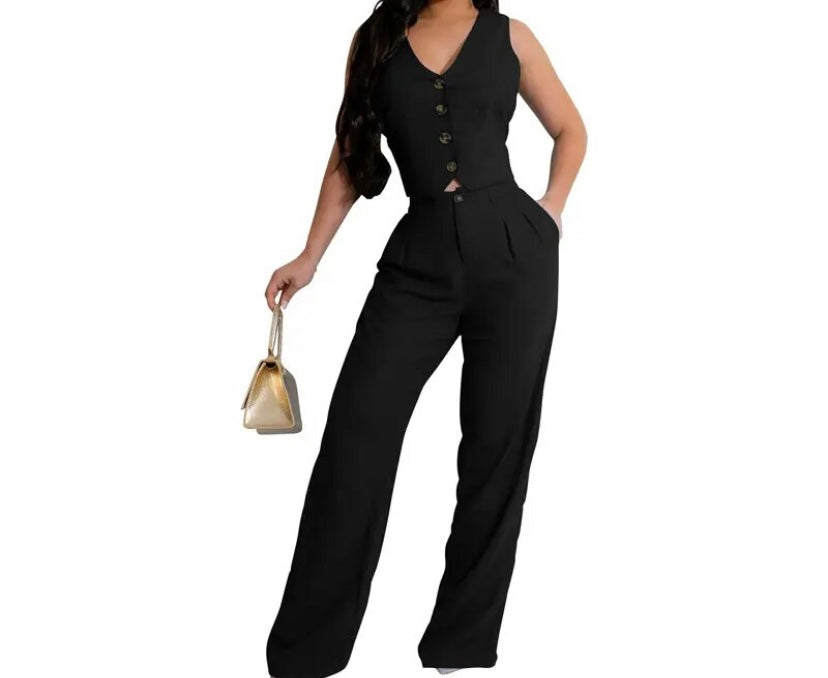 Women Fashion Button Up Two Piece Sleeveless Pant Set