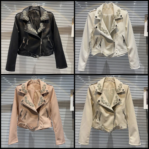 Women Bling Patchwork Fashion Faux Leather Jacket