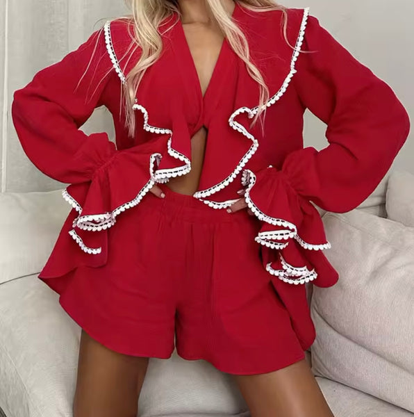 Women Red Ruffled Full Sleeve Fashion Two Piece Short Set