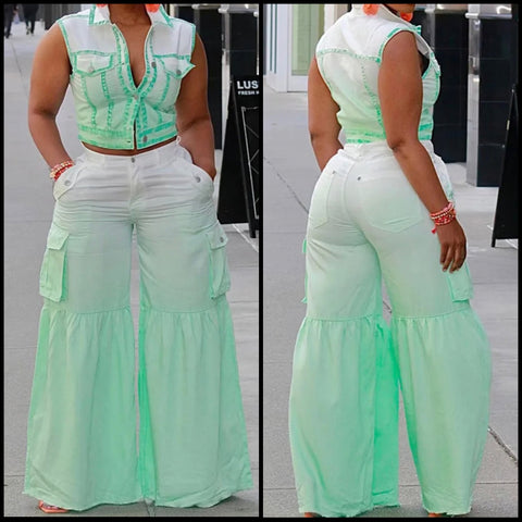 Women Sleeveless Button Up Gradient Two Piece Wide Leg Pant Set
