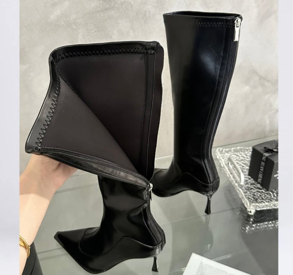 Women Fashion Pointed Toe Patent Leather Knee High Boots