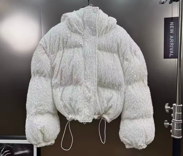Women Fashion Sequins Hooded Puff Jacket