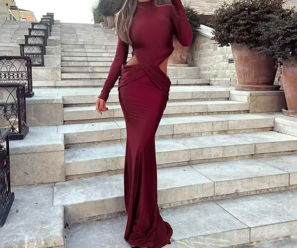 Women Sexy Burgundy Full Sleeve Cut Out Maxi Dress