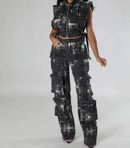 Women Fashion Camouflage Hooded Sleeveless Two Piece Cargo Denim Pant Set