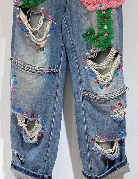 Women Fashion Ripped Tulle Gem Denim Pants