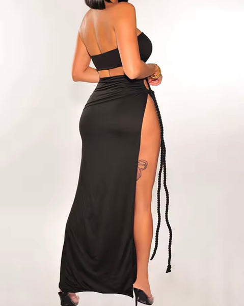 Women Sexy Halter Sleeveless Rope Tie Up Two Piece Maxi Skirt Set