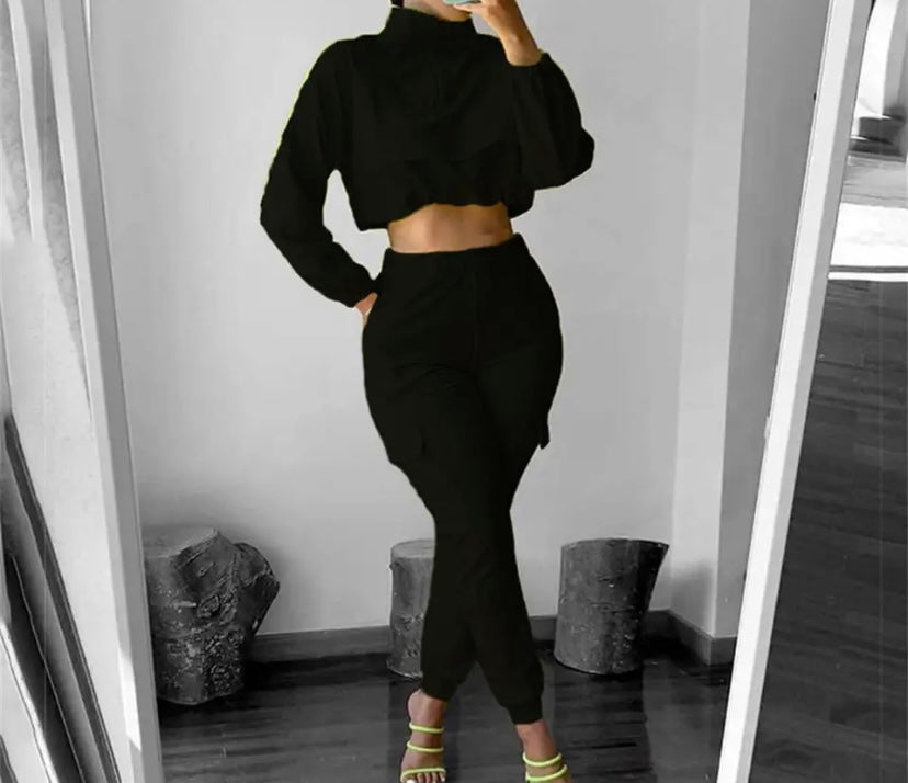 Women Fashion Full Sleeve Crop Two Piece Cargo Pant Set