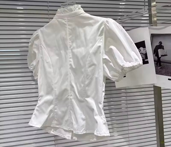 Women Button Up Ribbon Short Sleeve Two Piece Wrap Short Set