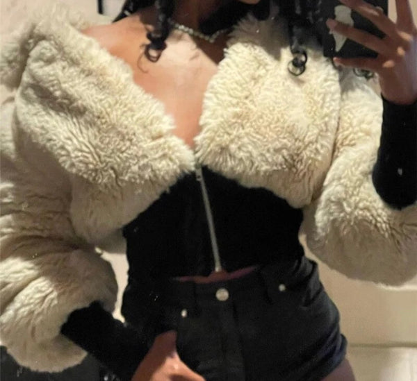 Women Fashion Faux Fur Full Sleeve Zip Up Crop Top