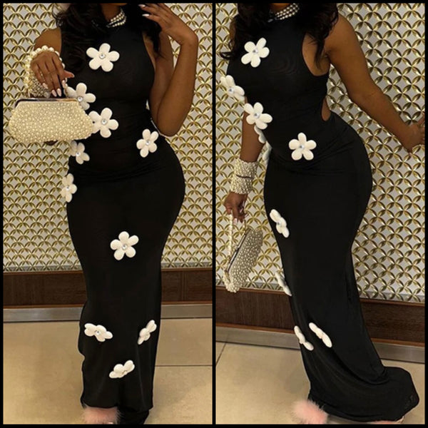 Women Sexy Sleeveless B&W Floral Maxi Dress