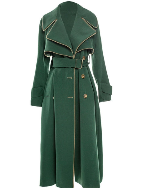 Women Green Button Up Fashion Trench Jacket