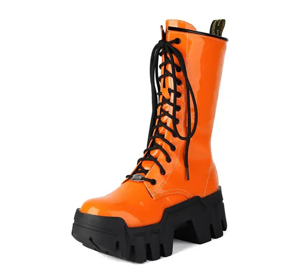 Women Fashion Color Patent Leather Lace Up Boots
