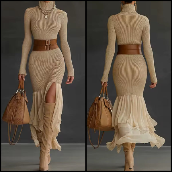 Women Sexy Turtleneck Ribbed Full Sleeve Ruffled Maxi Dress