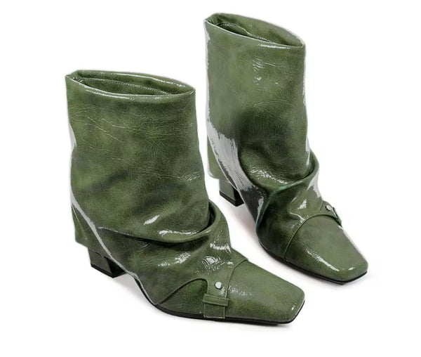 Women Color Square Toe Fashion Faux Leather Ankle Boots